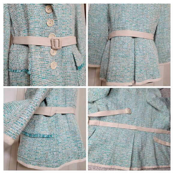 VTG Nanette Lepore Tweed 3/4 Sleeve Turquoise Fringe Jacket Blazer Belt Y2K✨️12 - Picture 8 of 16